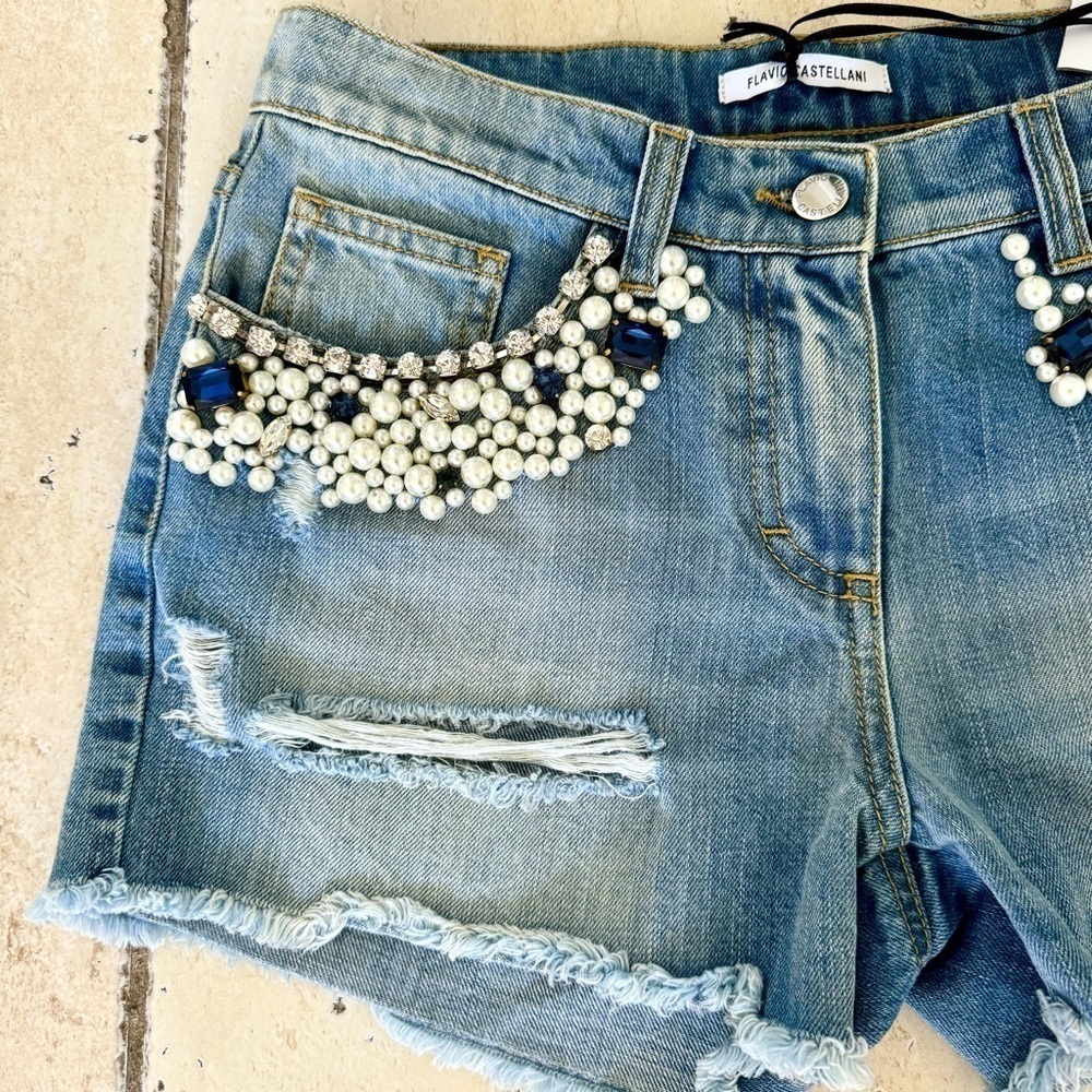 New! Flavio Castellani Jeans Shorts, Size 40, Blue with Crystals/Pearls - Picture 2 of 11